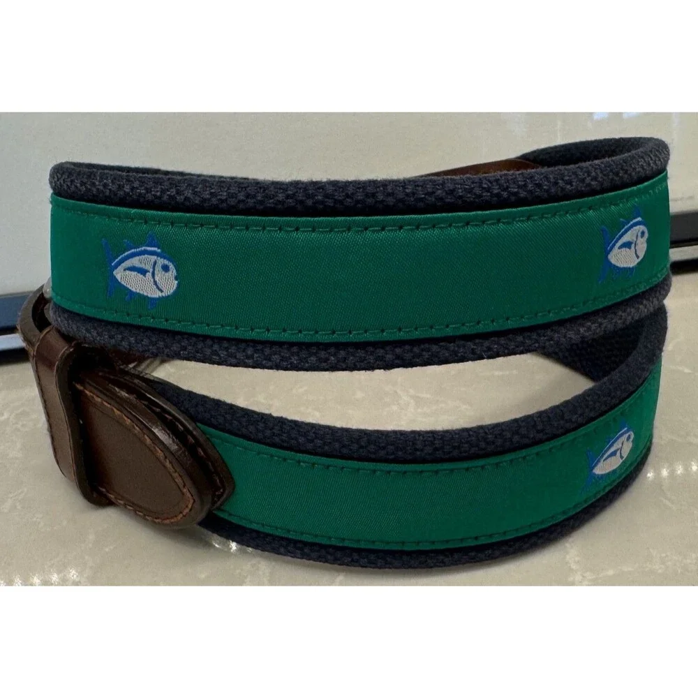 Southern Tide - Canvas Brown Leather Fish Belt - Men's Size 30 - Green